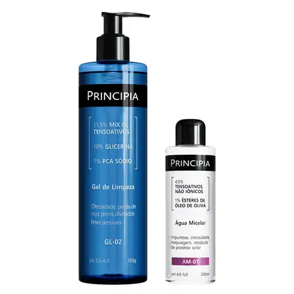 Gel de limpeza Principia com 11,5% de tensoativos, 10% de glicerina e 1% de PCA sódio, em embalagem azul com bomba preta. Água micelar Principia com 45% de tensoativos não iônicos e 1% de ésteres de óleo de oliva, em frasco branco com rótulo roxo.