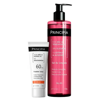 Dois produtos de beleza da marca Principia: um protetor solar em tubo branco com FPS 60 e um gel de limpeza em frasco rosa com bomba preta, contendo tensoativos, glicerina e extrato de algodão.