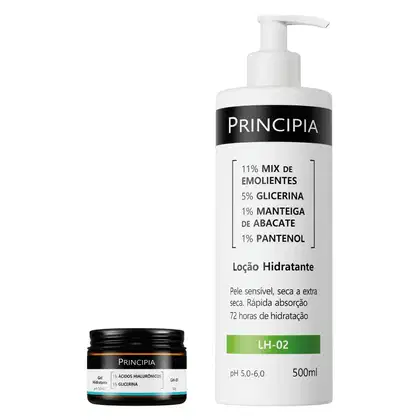 Dois produtos Principia: um frasco branco com bomba doseadora contendo loção hidratante e um pote preto com tampa contendo gel hidratante, ambos com rótulos pretos e verdes destacando os ingredientes e propriedades.