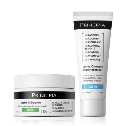 Dois produtos da marca Principia: um creme hidratante em embalagem verde e branca de 250g, e um creme multireparador em tubo branco e preto de 40g, com informações sobre os ingredientes e propriedades.