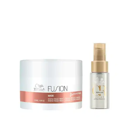 Kit com máscara Fusion e óleo capilar Oil Reflections Light, da marca Wella Professionals.