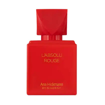 Frasco de perfume vermelho com rótulo dourado exibindo o nome "L'ABSOLU ROUGE" e a assinatura "Ana Hickmann by Giverny". O design é elegante e minimalista, com uma tampa quadrada no topo.