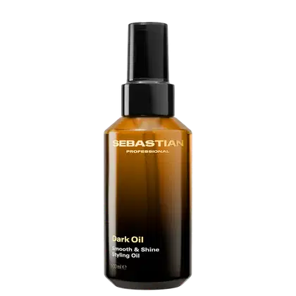 Frasco de óleo escuro da marca Sebastian Professional, com rótulo em preto e dourado, contendo "Dark Oil Smooth & Shine Styling Oil" como descrição do produto.