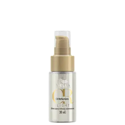 Frasco de 30 ml do produto Wella Professionals Oil Reflections Light, um óleo para reflexos luminosos, com embalagem em tons de bege e branco.