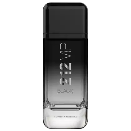 Frasco retangular de vidro transparente com detalhes pretos. Tampão preto fosco na parte superior. Rótulo preto com o nome "212 VIP BLACK" em letras prateadas gravadas. Na base, inscrição "CAROLINA HERRERA" em letras prateadas.