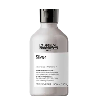 Frasco branco de shampoo profissional da L'Oréal Professionnel, série Expert, com rótulo preto e branco indicando o produto "Silver" com violeta e magnésio.