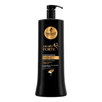 Condicionador da linha Cavalo Forte da marca Haskell. A embalagem é um frasco plástico preto com um rótulo dourado contendo o nome da linha "Cavalo Forte" e o logotipo da marca Haskell. O frasco possui um dispensador na parte superior.