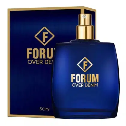 Frasco de perfume da marca Forum Over Denim, em embalagem azul escuro com detalhes dourados, contendo 50ml do produto. O rótulo apresenta o nome da marca e o texto "Over Denim" em destaque.