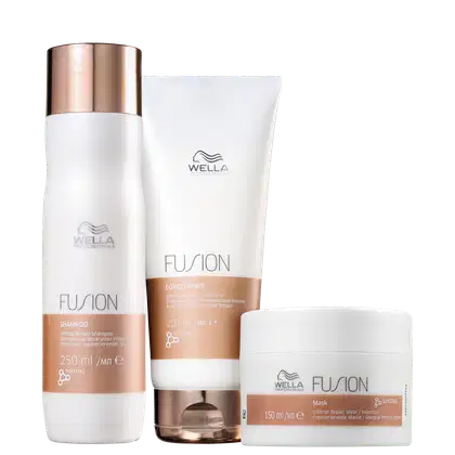 A imagem mostra três produtos da linha Fusion da marca Wella Professionals. Um shampoo de 250ml. Um condicionador de 200ml. E uma máscara de tratamento em uma embalagem branca de 150ml.