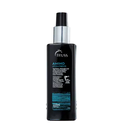 Frasco preto e prata da linha Amino Liponutriente da marca TRUSS, contendo 225ml do produto. O rótulo apresenta informações sobre os benefícios do produto, como hidratação, desembaraço e proteção térmica.