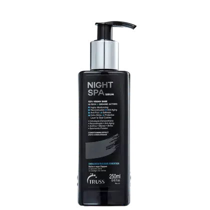 Frasco preto e branco de 250ml com bomba dosadora, contendo "Night Spa Serum" da marca Truss. O rótulo destaca que o produto é de base vegana, com ativos orgânicos e efeito condicionador.