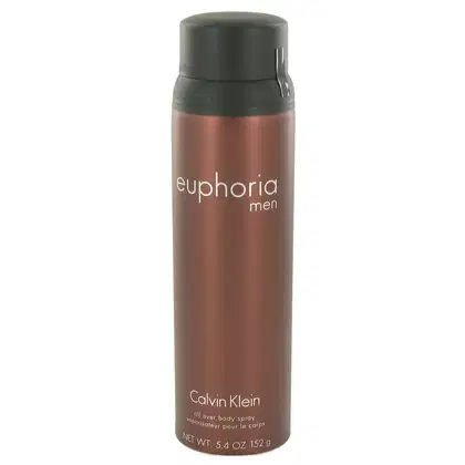Frasco de desodorante corporal masculino da marca Calvin Klein, na cor marrom e preta, com o nome "euphoria men" impresso no rótulo. O produto possui tampa rosqueável e apresenta um design cilíndrico.