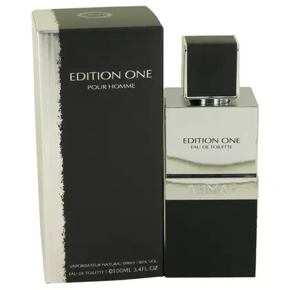 Frasco de perfume masculino Armaf Edition One, com embalagem preta e branca. O rótulo indica "Edition One pour homme" e "Eau de toilette". O frasco possui formato cúbico com detalhes em metal.