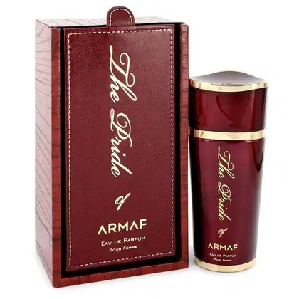 Frasco de perfume Armaf com embalagem de couro vermelho e detalhes dourados. O rótulo exibe o nome da marca "The Perfume of Armaf" em letras douradas.