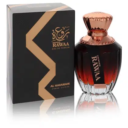 Frasco de perfume Rawwaa da marca Al Haramain, com embalagem preta e dourada, contendo 100 ml de eau de parfum, com tampa decorativa em tom cobre.