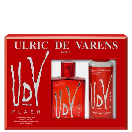 A imagem mostra uma caixa retangular vermelha com o nome da marca e linha em letras brancas. Contém um frasco de eau de toilette vermelho de 100ml com detalhes brancos, um desodorante corporal spray vermelho de 200ml.