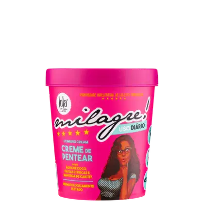 Creme de pentear Milagre da Lola From Rio em embalagem rosa com rótulo destacando ingredientes como água de coco, frutas cítricas e manteiga de karité.