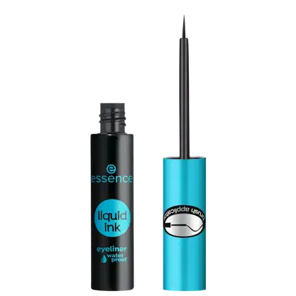 Frasco preto com tampa aplicadora fina e alongada. Rótulo azul turquesa com o logotipo da marca e texto "liquid ink eyeliner waterproof".