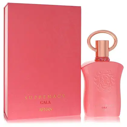 Caixa vermelha e frasco de perfume Supremacy Gala da marca Afnan, com detalhes em dourado e decoração em relevo no frasco.