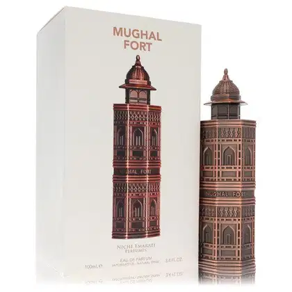Frasco de perfume Mughal Fort da marca Niche Emarati, com embalagem em caixa branca e detalhes em marrom e dourado. O frasco possui formato de torre com ornamentos e cúpulas características da arquitetura mogol.