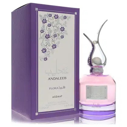 Frasco de perfume Andaleeb da marca Lattafa Perfumes, com embalagem roxa e detalhes florais, contendo 100 ml de Eau de Parfum da fragrância Flora.
