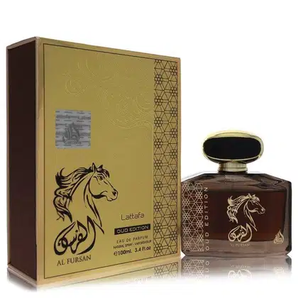 Frasco de perfume Lattafa Oud Edition em embalagem dourada e marrom com ilustração de cavalo. Texto em árabe e inglês indica a marca "Al Fursan". Produto de 100ml com rótulo destacado na caixa.