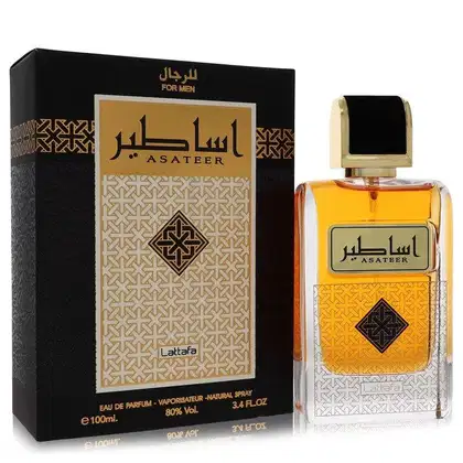 Perfume masculino Asateer da marca Lattafa, em frasco de vidro com tampa dourada, embalado em caixa preta com detalhes em dourado e padrões geométricos. O rótulo exibe o nome do produto em árabe e em inglês.