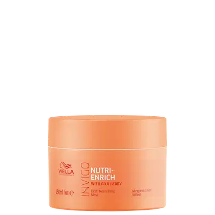 Frasco de máscara capilar Wella Professionals Nutri-Enrich com Goji Berry, embalagem laranja, rótulo com informações sobre o produto e sua função de nutrição intensa.