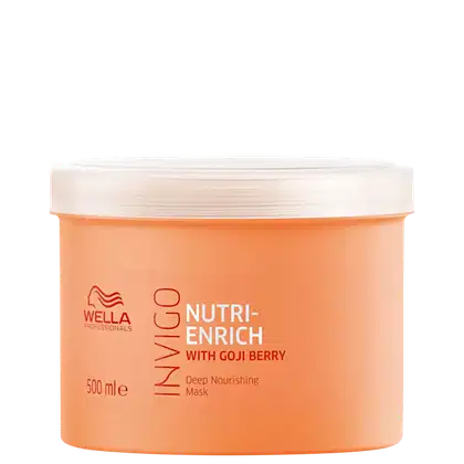 Pote de máscara capilar Wella Professionals Nutri-Enrich com Goji Berry, embalagem laranja com rótulo branco, contendo 500 ml do produto.