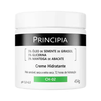 Creme hidratante Principia em embalagem branca e preta, contendo 454g do produto. Rótulo indica composição com óleo de semente de girassol, glicerina e manteiga de abacate, com pH entre 5,0-6,0.