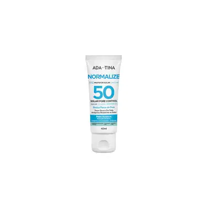 Protetor solar Ada Tina Normalize com FPS 50, em tubo branco com rótulo azul, indicando controle de poros e redução de acne. Produto de 40ml, com tecnologia UVA/UVB.