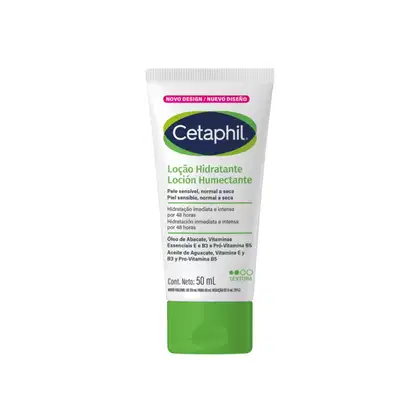 Tubo branco de 50 ml da marca Cetaphil, contendo loção hidratante para pele sensível e seca. Rótulo verde, azul e rosa destaca os ingredientes como óleo de abacate, vitaminas E e B3, e pro-vitamina B5.