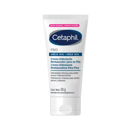 Creme hidratante para os pés da marca Cetaphil, com 10% de ureia em sua composição. Embalagem branca com detalhes em azul e rosa, contendo 50g do produto.