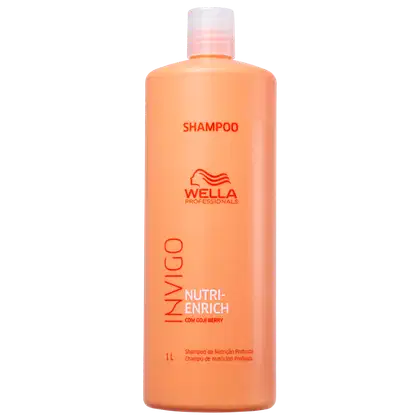 Frasco de shampoo da marca Wella Professionals, com embalagem laranja e branca, contendo a informação "Nutri-Enrich com Goji Berry" e indicando que se trata de um "Shampoo de Nutrição Profunda".