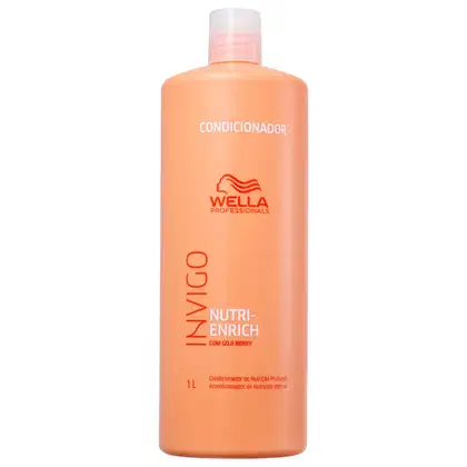 Frasco de condicionador Wella Professionals Invigo Nutri-Enrich com 1 litro, em embalagem laranja com detalhes em vermelho e branco, contendo informações sobre o produto e sua composição com goji berry.