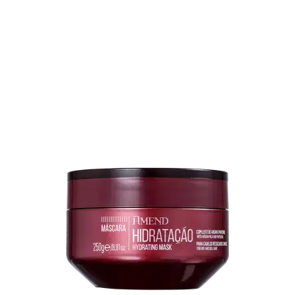 Máscara hidratante da linha Amend Cosméticos, em embalagem de pote vermelho escuro com tampa preta, contendo 250g do produto. O rótulo exibe o nome "Amend Hidratação" em letras brancas.