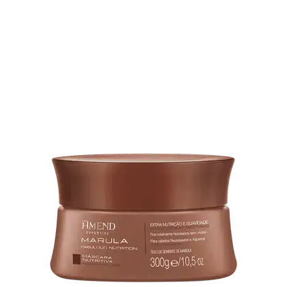 Pote de máscara nutritiva da linha Marula da Amend Cosméticos, com 300g de produto. Embalagem de cor marrom, com rótulo destacando os benefícios de nutrição e suavidade para cabelos ressecados e ásperos.