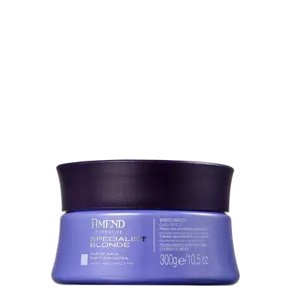 Embalagem de máscara matizadora da linha Specialist Blonde da Amend Cosméticos, em frasco de 300g com rótulo em tons de roxo e azul, destacando o efeito rápido e neutralizador de tons amarelados em cabelos loiros.