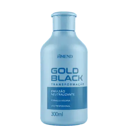 Frasco azul claro da linha Gold Black da Amend Cosméticos, contendo 300ml de Emulsão Neutralizante, com fórmula vegana e uso profissional.