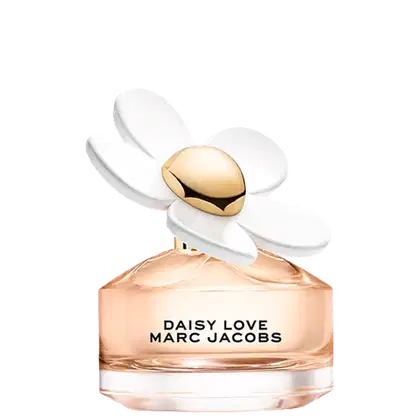 Frasco de perfume Marc Jacobs Daisy Love com flor branca e centro dourado em fundo preto. Embalagem com nome da fragrância em letras pretas.