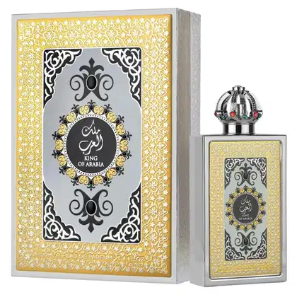 Perfume da marca Lattafa Perfumes, em embalagem de frasco e caixa decorada com padrões ornamentais em tons dourados e pretos, exibindo o nome "King of Arabia" em árabe e em inglês.