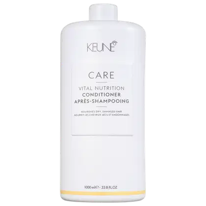 Frasco branco de 1000 ml da linha Care da Keune, contendo condicionador de nutrição vital para cabelos secos e danificados. Rótulo com nome da marca e produto em destaque.