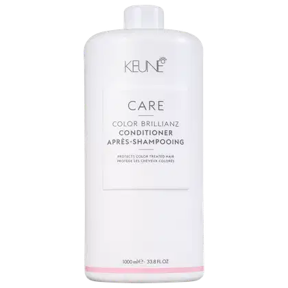 Frasco branco da linha Care da Keune, contendo Condicionador Color Brillianz, que protege cabelos coloridos. Rótulo com informações sobre o produto em inglês.