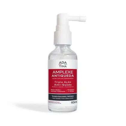 Frasco de spray branco com rótulo vermelho e texto "AMPLEXE ANTIQUEDA" da marca Adatina. O produto é descrito como uma loção capilar concentrada com tripla ação anti-queda.