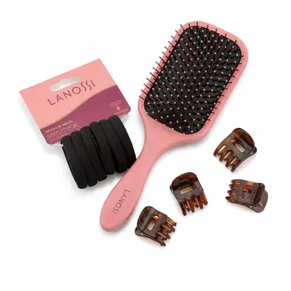 Imagem do produto Kit Lanossi Beauty & Care – 1 Escova Raquete (Cor sortida Preta ou Rosa) + 4 Prendedores + 6 Elást