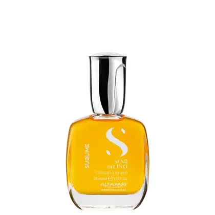 Frasco do óleo da linha Semi di Lino da Alfaparf Milano, com design elegante em vidro transparente e tampa metálica. O rótulo apresenta o nome da linha em letras brancas sobre fundo amarelo.