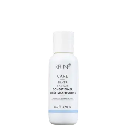 Frasco branco de condicionador Keune Care Silver Savior, com rótulo em preto e azul claro, contendo 80 ml do produto.