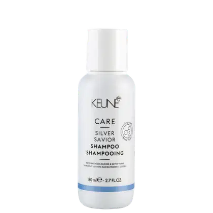 Frasco branco de 80 ml do Shampoo Silver Savior da linha Care da Keune, que promove tons frios e prateados em cabelos loiros e grisalhos.