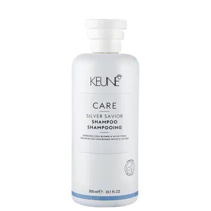 Frasco branco de 300 ml do shampoo Silver Savior da linha Care da Keune, que promete refrescar e tonalizar cabelos loiros e grisalhos.