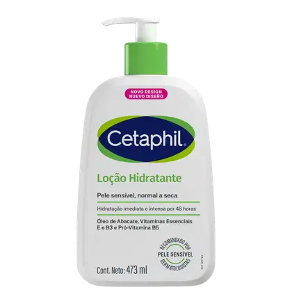 Frasco de loção hidratante da marca Cetaphil, com design moderno e cores verde e azul. Contém 473 ml e destaca-se o texto "Loção Hidratante" e "Pele sensível, normal a seca" na embalagem.